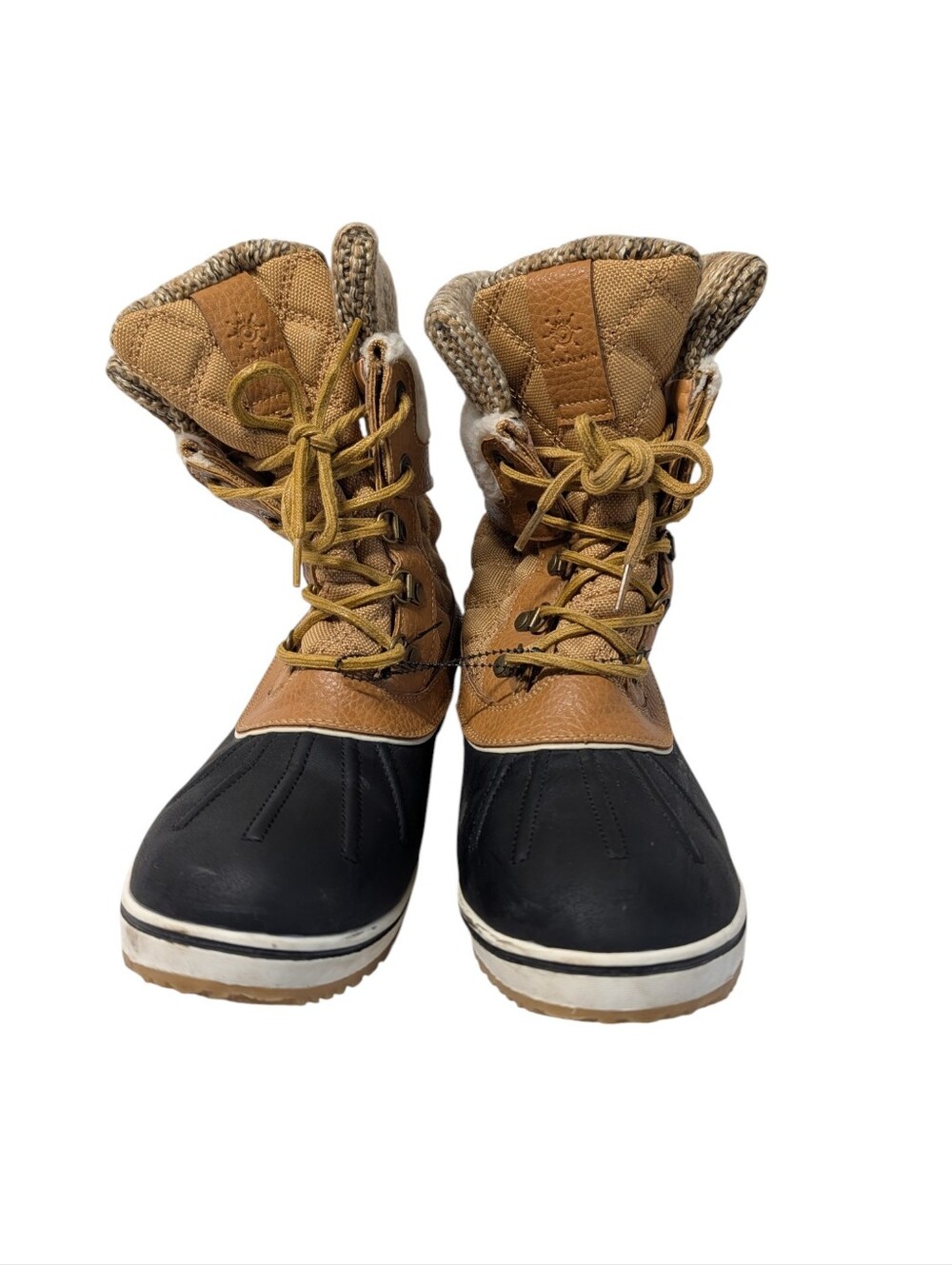 Globalwin Women's Tan Black Duck Winter Boots Size 10 Faux Fur Knit Cuff